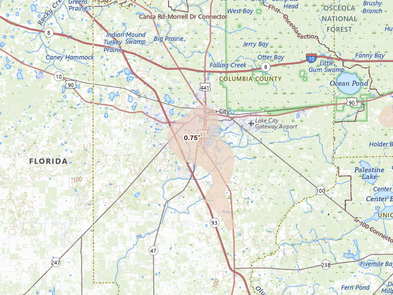 Radar-estimated hail-size map of the storm over Lake City, FL on Aug 13, 2026