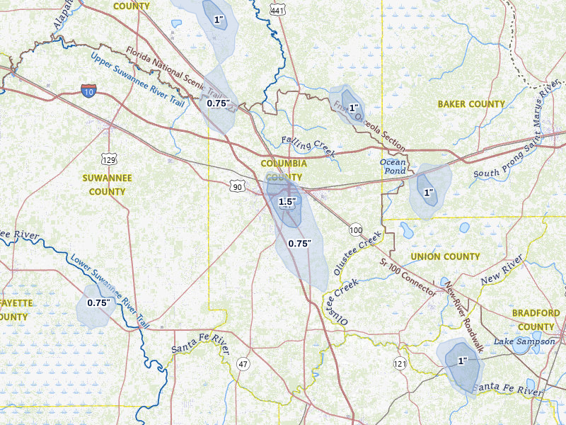 NEXRAD radar-signature map of the hail storm over Lake City, FL on Aug 13, 2026