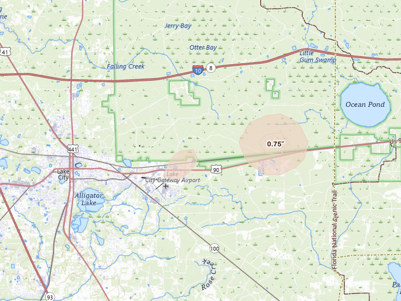 Radar-estimated hail-size map of the storm over Lake City, FL on Aug 25, 2026