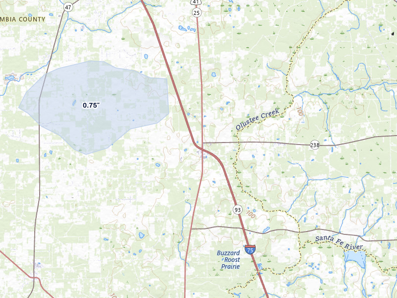 NEXRAD radar-signature map of the hail storm over Lake City, FL on Aug 25, 2026