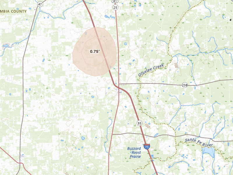 Radar-estimated hail-size map of the storm over Lake City, FL on Aug 29, 2026