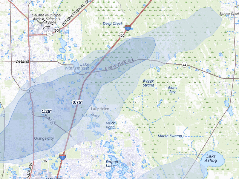 NEXRAD radar-signature map of the hail storm over Lake Helen, FL on Mar 16, 2026