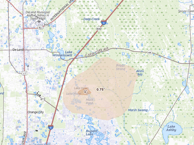 Radar-estimated hail-size map of the storm over Lake Helen, FL on Jun 24, 2026
