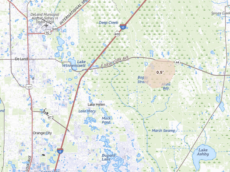 Radar-estimated hail-size map of the storm over Lake Helen, FL on Jul 5, 2026