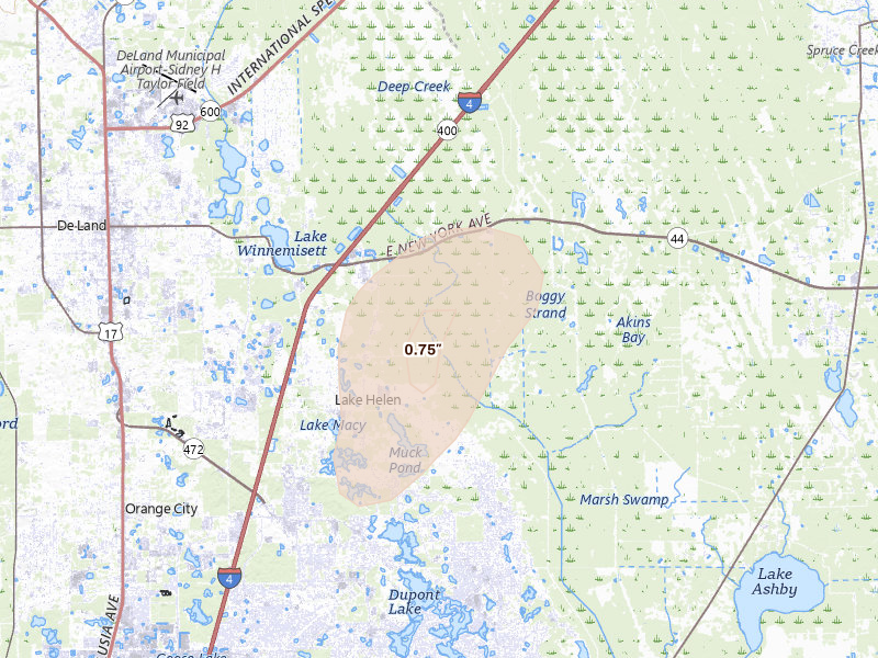 Radar-estimated hail-size map of the storm over Lake Helen, FL on Aug 20, 2026