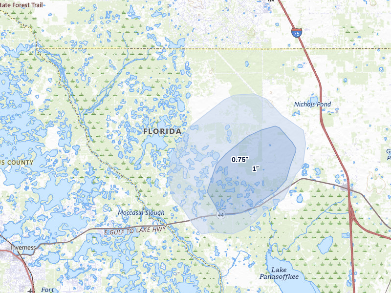 NEXRAD radar-signature map of the hail storm over Lake Panasoffkee, FL on Mar 5, 2026