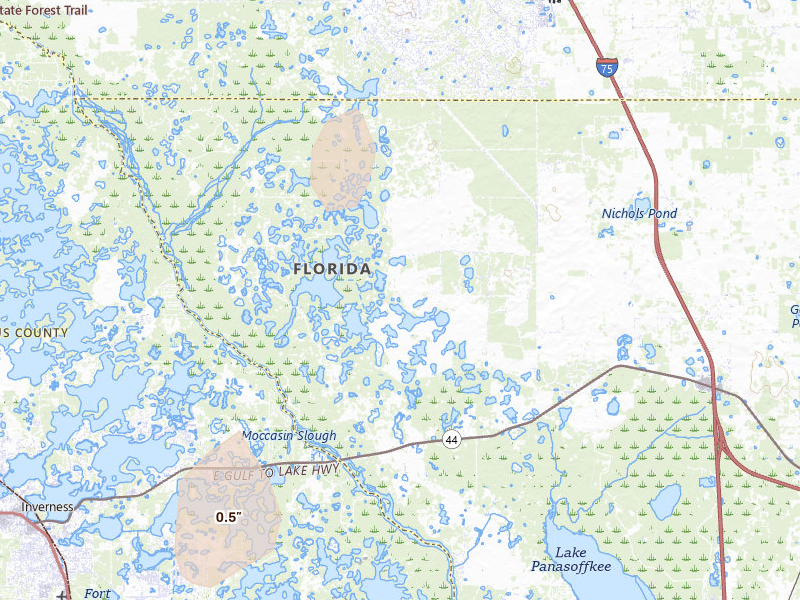 Radar-estimated hail-size map of the storm over Lake Panasoffkee, FL on Mar 15, 2026