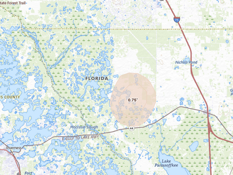 Radar-estimated hail-size map of the storm over Lake Panasoffkee, FL on May 16, 2026