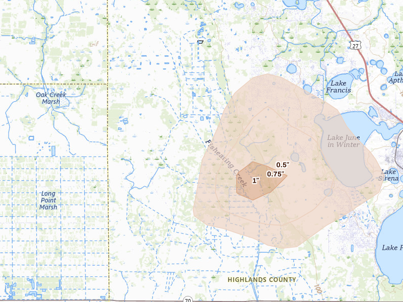 Radar-estimated hail-size map of the storm over Lake Placid, FL on Jun 19, 2026