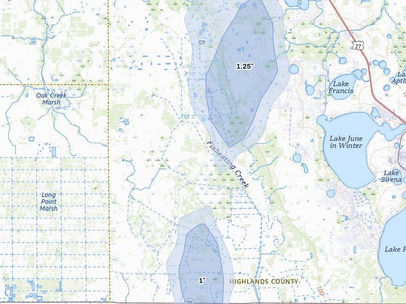 NEXRAD radar-signature map of the hail storm over Lake Placid, FL on Jun 29, 2026