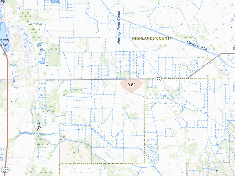 Radar-estimated hail-size map of the storm over Lake Placid, FL on Jul 1, 2026