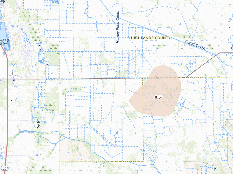Radar-estimated hail-size map of the storm over Lake Placid, FL on Jul 14, 2026