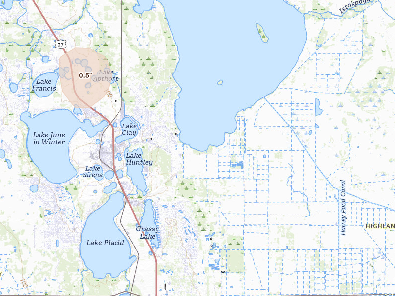Radar-estimated hail-size map of the storm over Lake Placid, FL on Jul 26, 2026