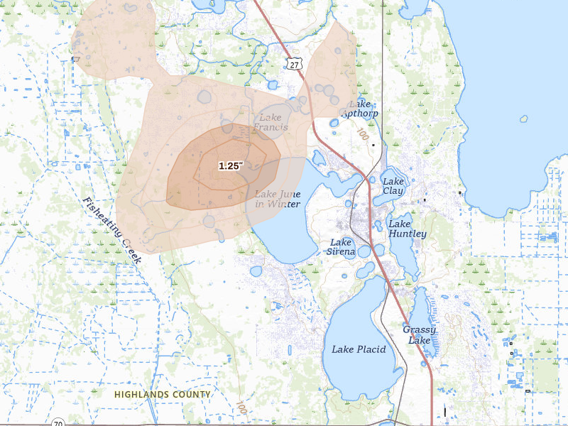 Radar-estimated hail-size map of the storm over Lake Placid, FL on Aug 5, 2026
