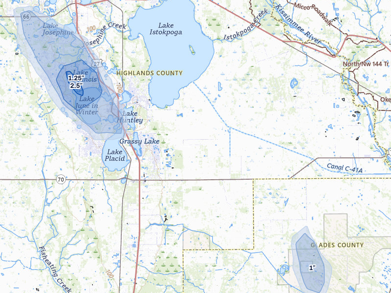 NEXRAD radar-signature map of the hail storm over Lake Placid, FL on Aug 5, 2026