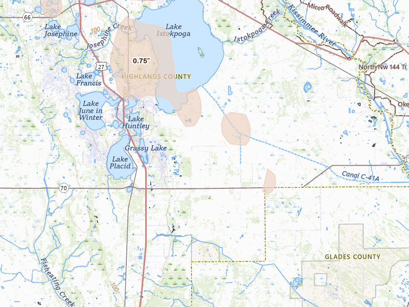 Radar-estimated hail-size map of the storm over Lake Placid, FL on Aug 19, 2026