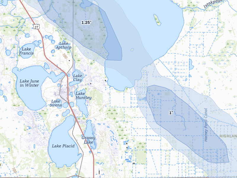 NEXRAD radar-signature map of the hail storm over Lake Placid, FL on Aug 19, 2026