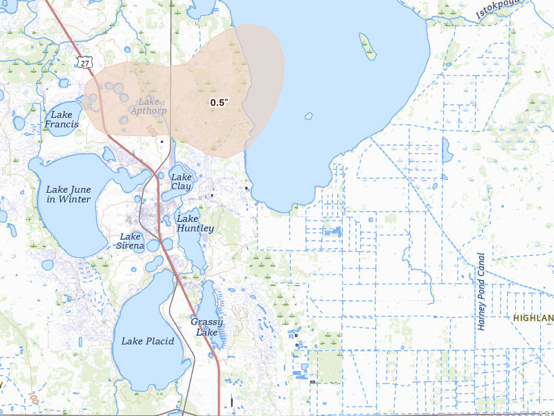 Radar-estimated hail-size map of the storm over Lake Placid, FL on Aug 21, 2026