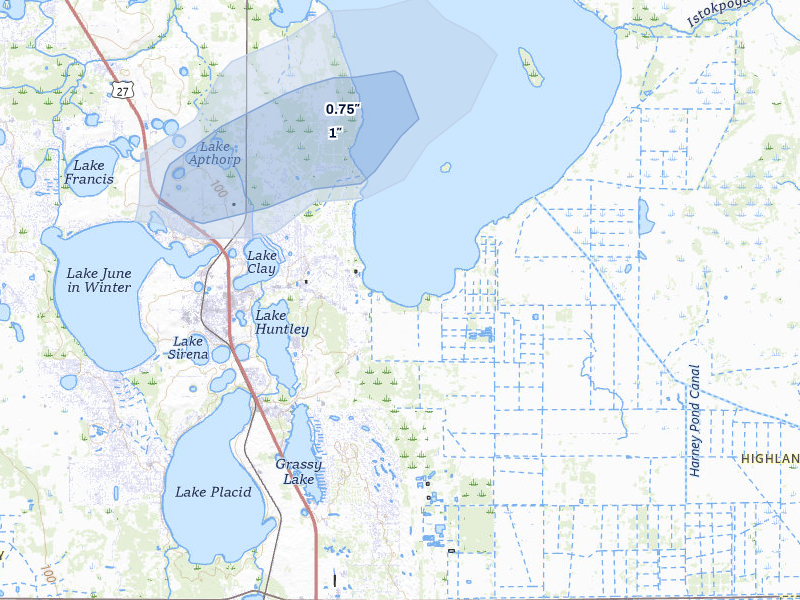 NEXRAD radar-signature map of the hail storm over Lake Placid, FL on Aug 21, 2026