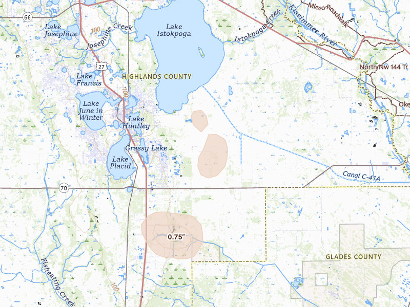 Radar-estimated hail-size map of the storm over Lake Placid, FL on Aug 26, 2026