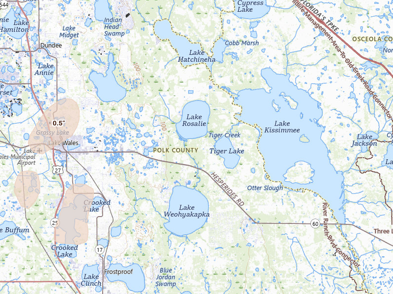 Radar-estimated hail-size map of the storm over Lake Wales, FL on Mar 15, 2026