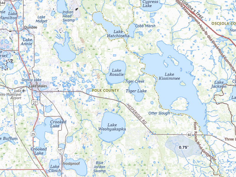 NEXRAD radar-signature map of the hail storm over Lake Wales, FL on Mar 25, 2026