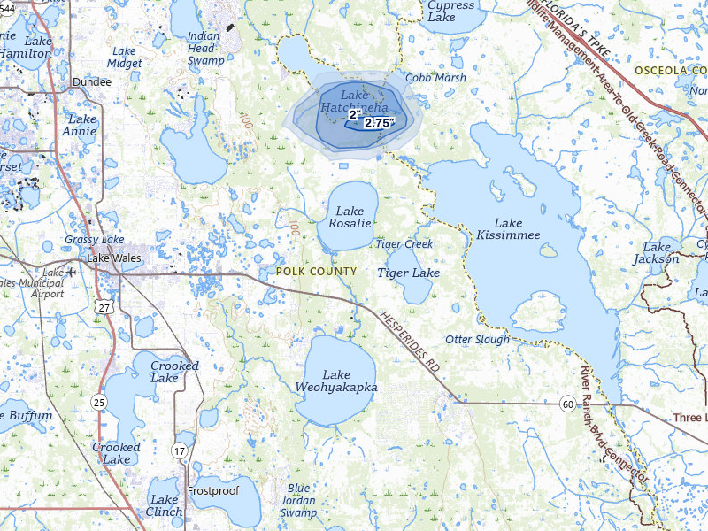NEXRAD radar-signature map of the hail over Lake Wales, FL