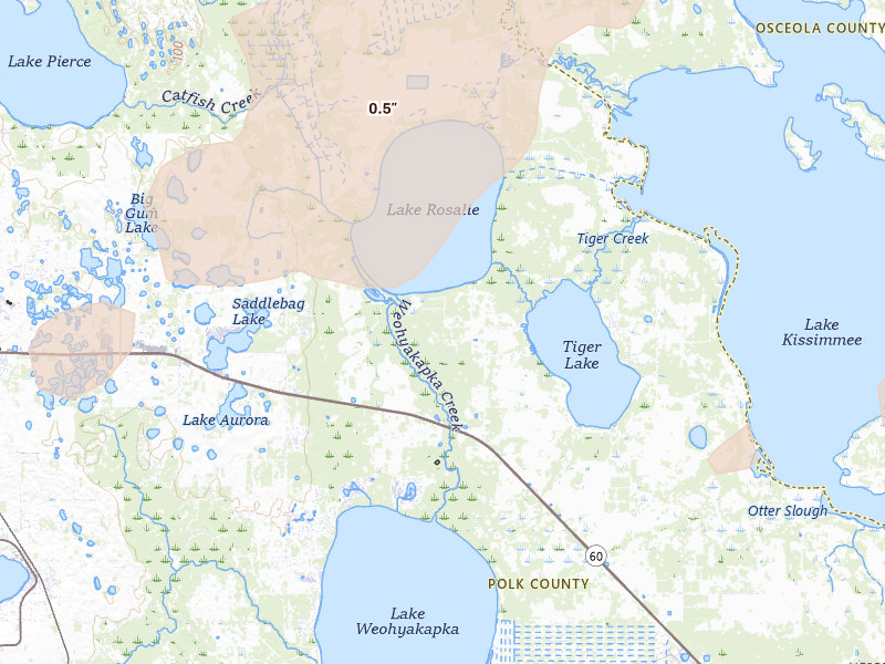 Radar-estimated hail-size map of the storm over Lake Wales, FL on Jun 19, 2026
