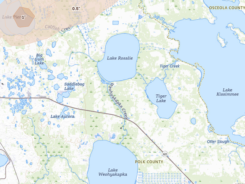 Radar-estimated hail-size map of the storm over Lake Wales, FL on Jun 22, 2026