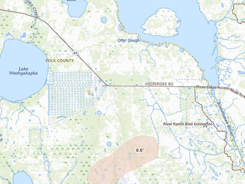 Radar-estimated hail-size map of the storm over Lake Wales, FL on Jun 23, 2026