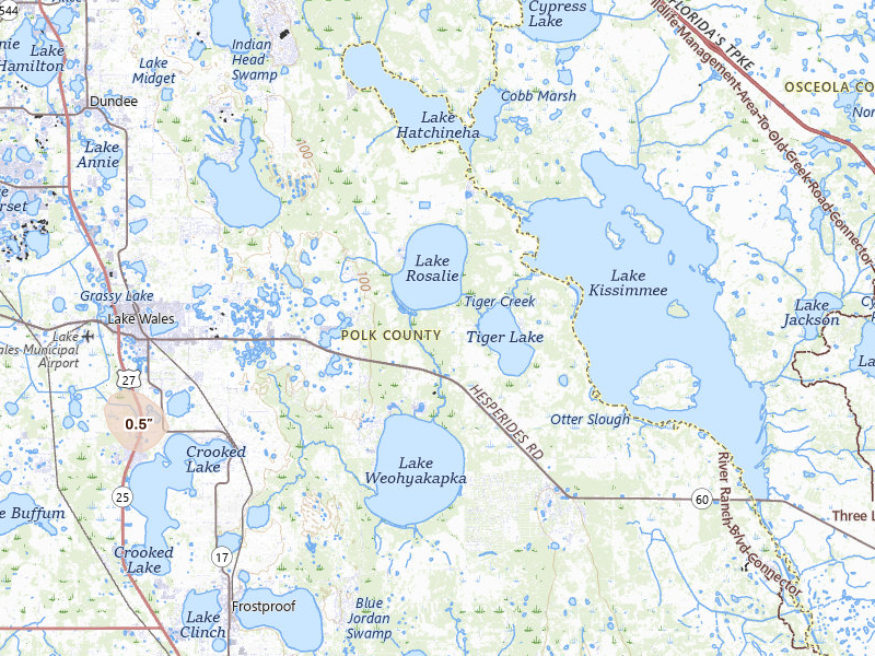 Radar-estimated hail-size map of the storm over Lake Wales, FL on Jul 4, 2026