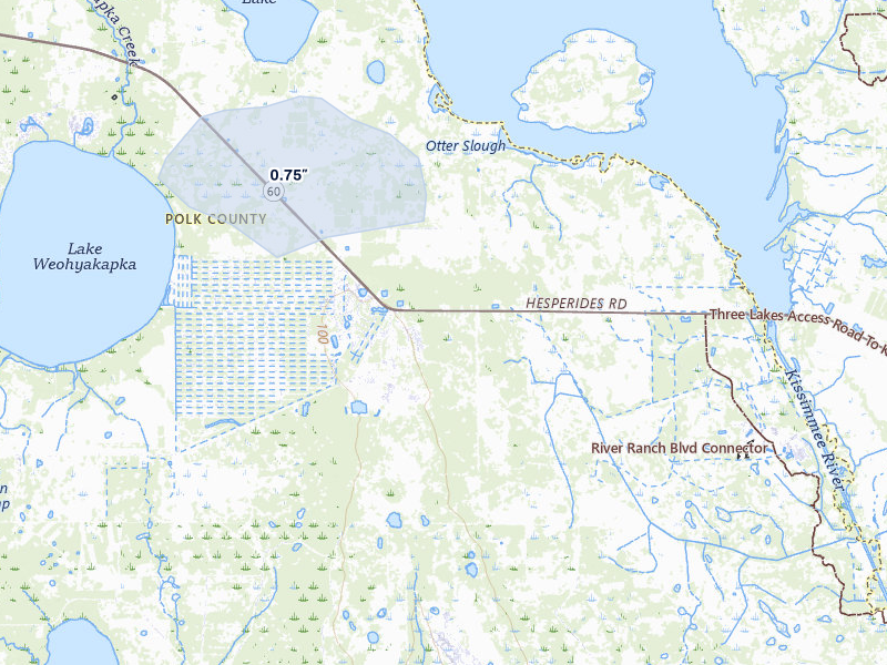 NEXRAD radar-signature map of the hail storm over Lake Wales, FL on Jul 7, 2026