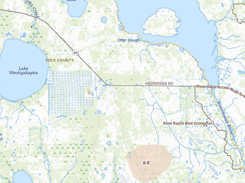 Radar-estimated hail-size map of the storm over Lake Wales, FL on Jul 10, 2026