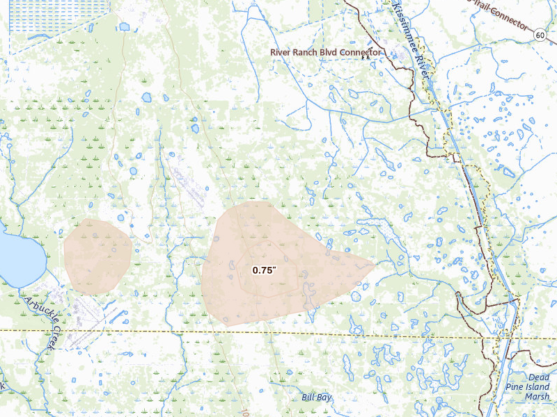 Radar-estimated hail-size map of the storm over Lake Wales, FL on Aug 5, 2026