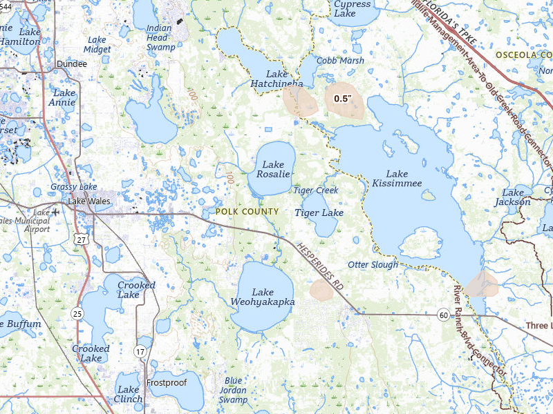 Radar-estimated hail-size map of the storm over Lake Wales, FL on Aug 12, 2026