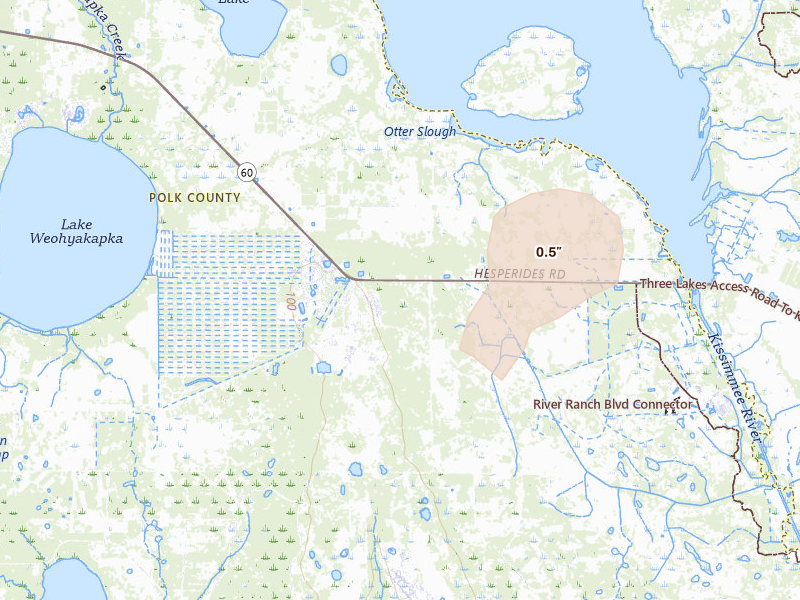 Radar-estimated hail-size map of the storm over Lake Wales, FL on Aug 19, 2026