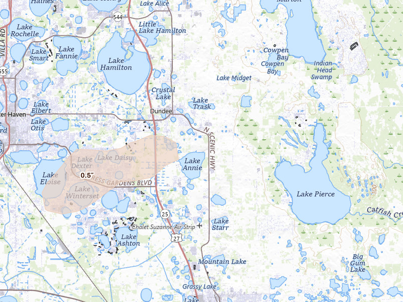 Radar-estimated hail-size map of the storm over Lake Wales, FL on Aug 20, 2026