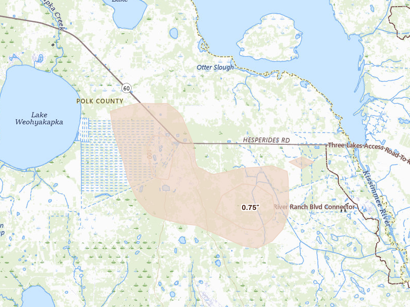 Radar-estimated hail-size map of the storm over Lake Wales, FL on Aug 21, 2026