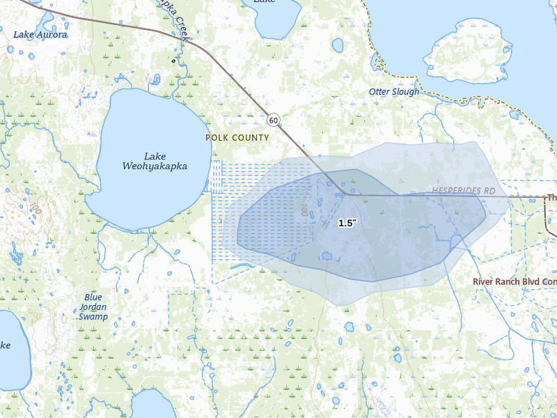 NEXRAD radar-signature map of the hail storm over Lake Wales, FL on Aug 21, 2026