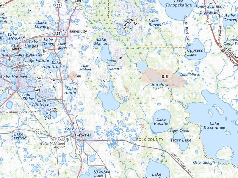 Radar-estimated hail-size map of the storm over Lake Wales, FL