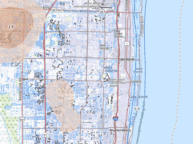 Radar-estimated hail-size map of the storm over Lake Worth, FL on Jun 24, 2026