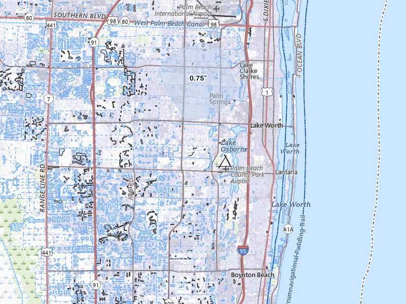 NEXRAD radar-signature map of the hail storm over Lake Worth, FL on Jul 25, 2026