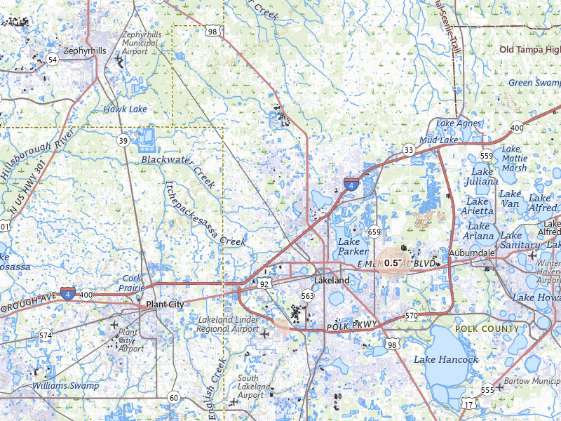 Radar-estimated hail-size map of the storm over Lakeland, FL on Jun 24, 2026