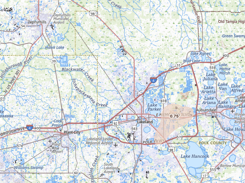 Radar-estimated hail-size map of the storm over Lakeland, FL on Jun 25, 2026