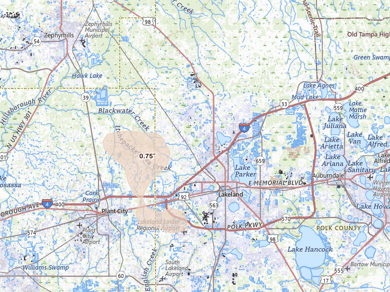 Radar-estimated hail-size map of the storm over Lakeland, FL on Jun 29, 2026