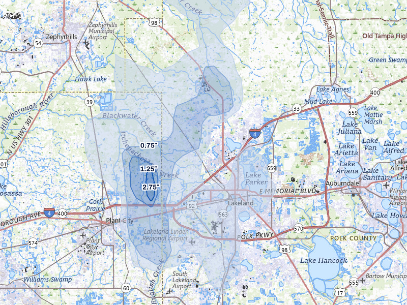 NEXRAD radar-signature map of the hail storm over Lakeland, FL on Jun 29, 2026