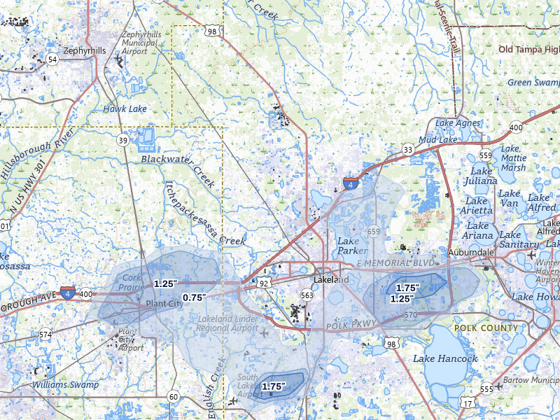 NEXRAD radar-signature map of the hail storm over Lakeland, FL on Jul 1, 2026
