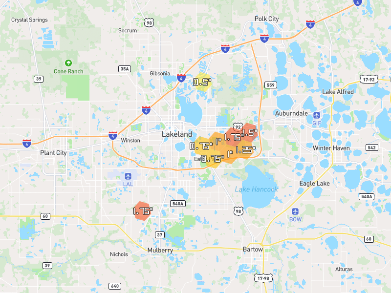 Hail map of Lakeland, FL on Jul 1, 2026, hail up to 1.75"