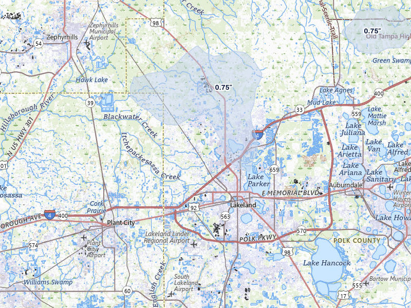 NEXRAD radar-signature map of the hail storm over Lakeland, FL on Jul 12, 2026
