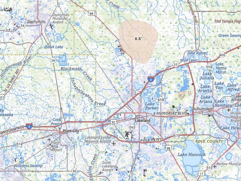 Radar-estimated hail-size map of the storm over Lakeland, FL on Jul 17, 2026